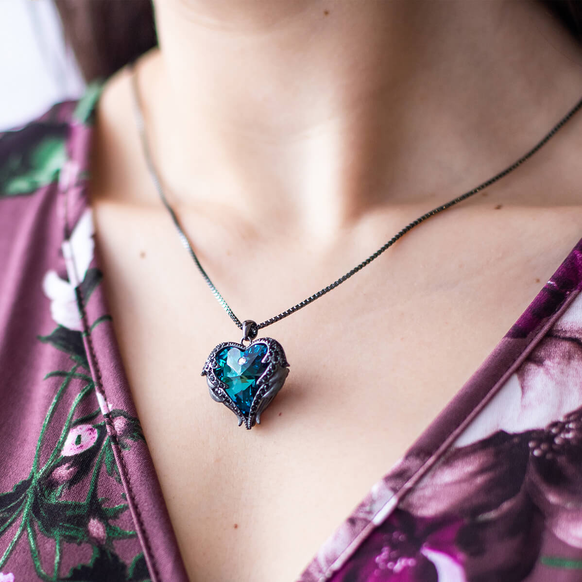 Dark Blue Heart & Wing Necklace